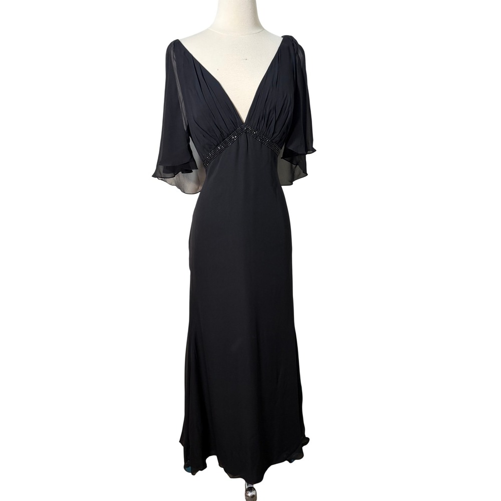 Melinda Eng Black 100% Silk Beaded Empire Waist Flutter Sleeve Gown Dress 12
